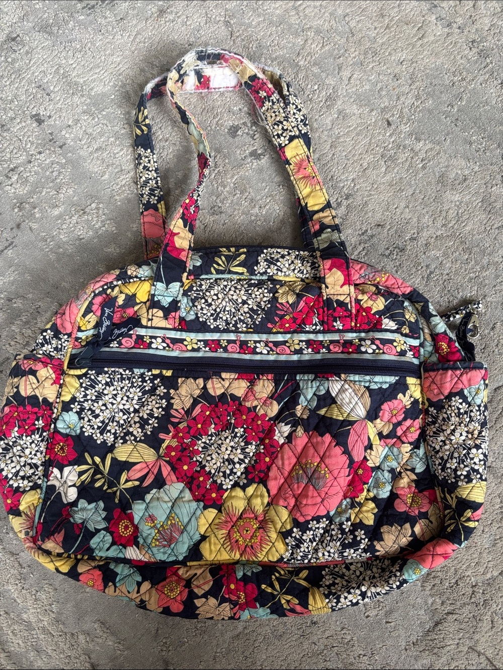 Vera Bradley Navy Quilted Floral Tote with Pink & Yellow Blooms
